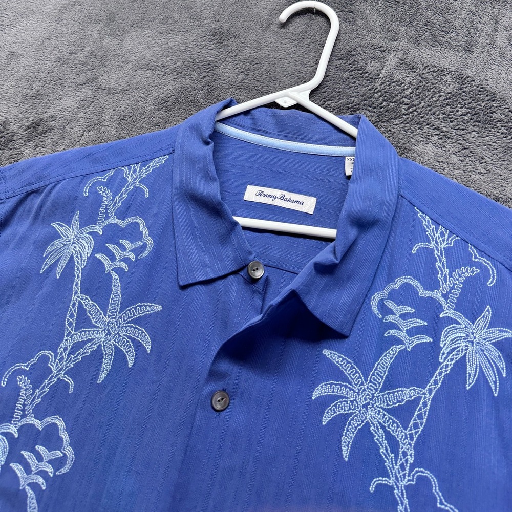 Tommy Bahama Button Down Men XXXL Blue Silk Embroidered Palm Tree Camp Shirt
